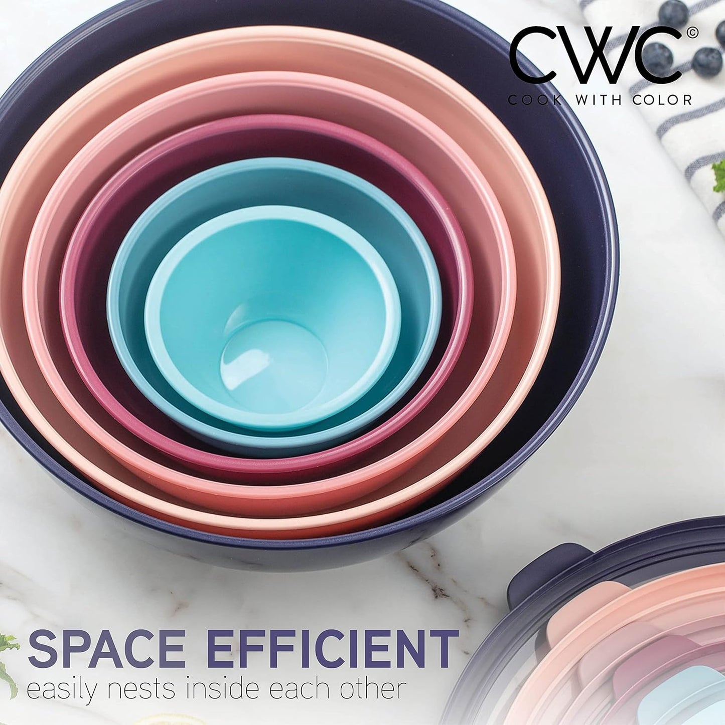 COOK WITH COLOR Mixing Bowls with TPR Lids - 12 Piece Plastic Nesting Bowls Set Includes 6 Prep Bowls and 6 Lids, Microwave Safe Mixing Bowl Set (Mint)