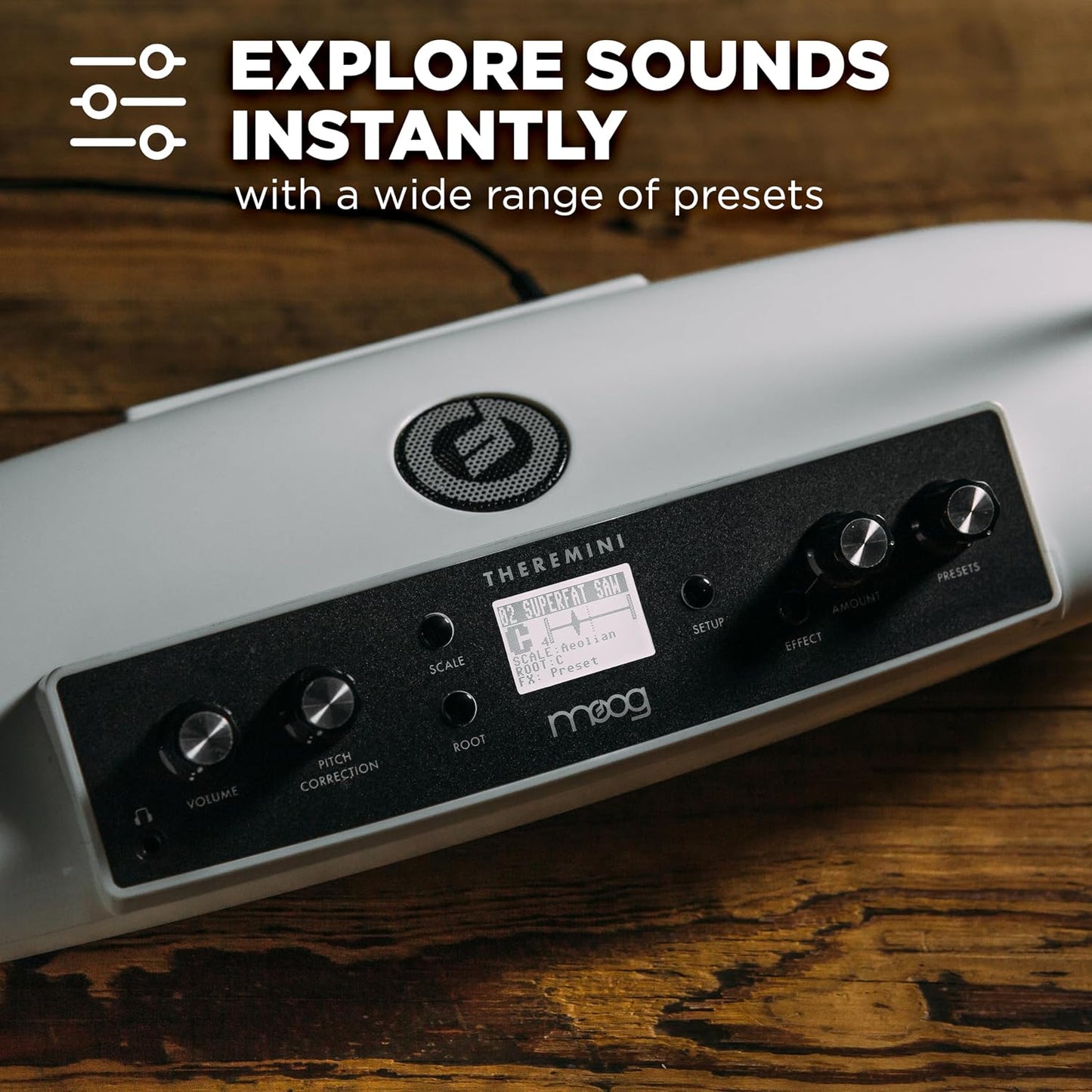 Moog Theremin - Theremini | Pitch Correction, CV Out, Built-In Tuner and Speaker, AniMOOG Synthesizer Sound Engine with 32 Presets, LCD Screen