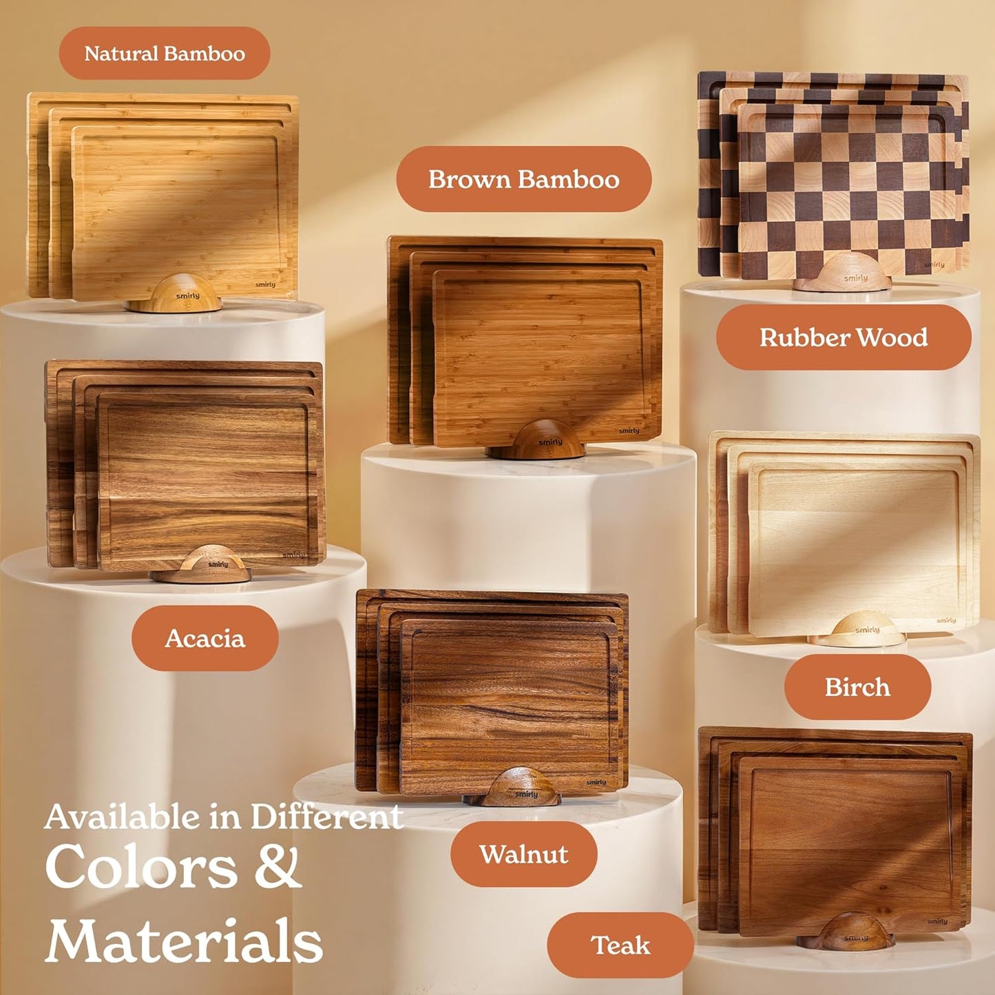 SMIRLY Wood Cutting Boards For Kitchen Meal Prep & Serving, Bamboo Cutting Board Set, Charcuterie Chopping Boards and Wooden Cutting Boards for Kitchen