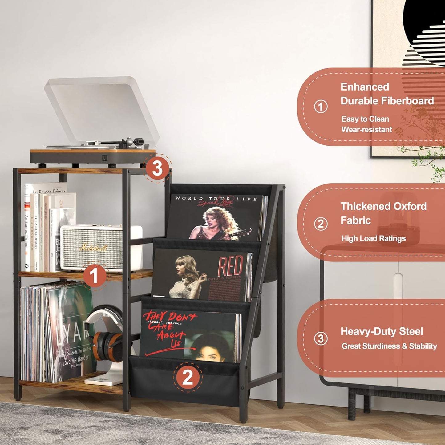 Record Player Stand with Vinyl Storage, Record Player Table with Record Storage 200 Albums, Turntable Stand with Record Holder Vinyl Display Shelf, Record Cabinet Media Stereo (White) - PuriLite