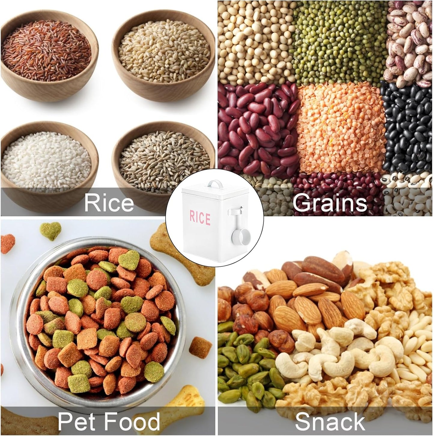 YOUEON 10 Lbs Metal Rice Storage Container, Square Rice Canister with Lid and Measuring Scoop, Countertop Sealed Food Storage Container for Cereal, Beans, Pet Food, White