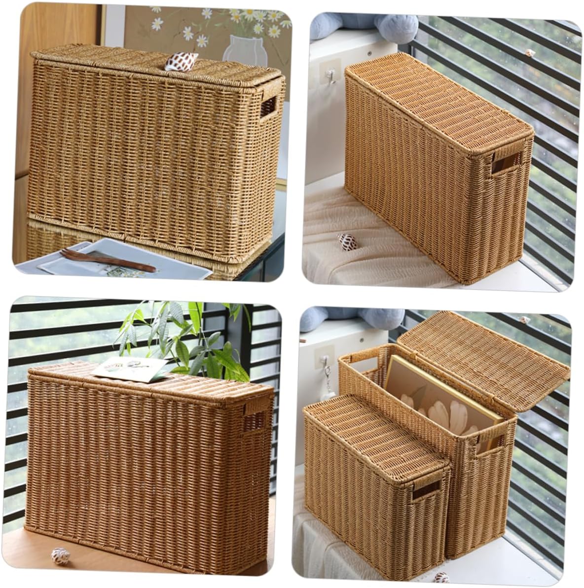 Narrow Wicker Storage Basket | Plastic Rattan Organizer | Rectangular Storage Box with Lid | Home Organization Basket | Lightweight Storage Container - PuriLite