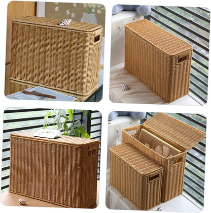 Narrow Wicker Storage Basket | Plastic Rattan Organizer | Rectangular Storage Box with Lid | Home Organization Basket | Lightweight Storage Container - PuriLite