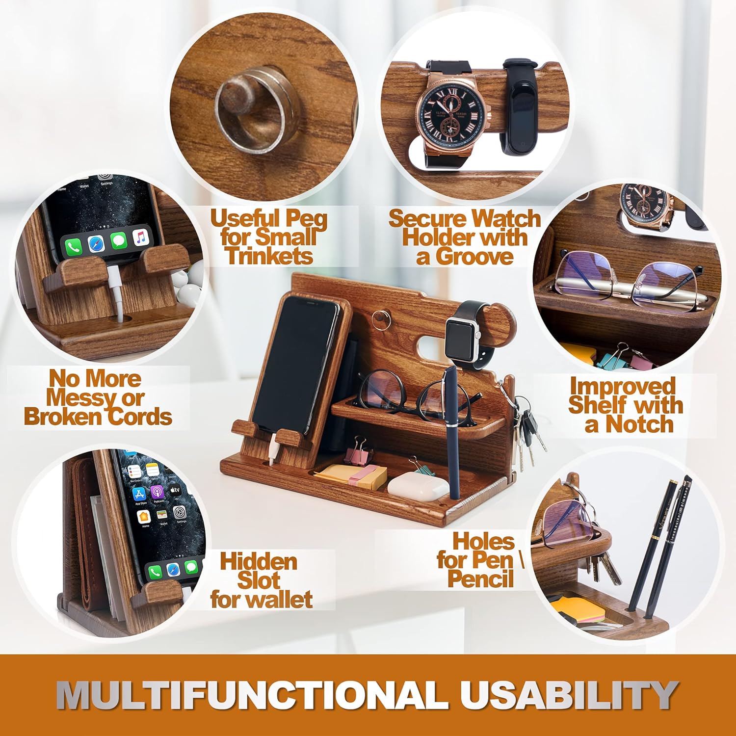 TESLYAR Wood Phone Docking Station – Solid Wood Desk & Nightstand Organizer for Men – Key Holder, Wallet, Watch & Essentials Stand - PuriLite