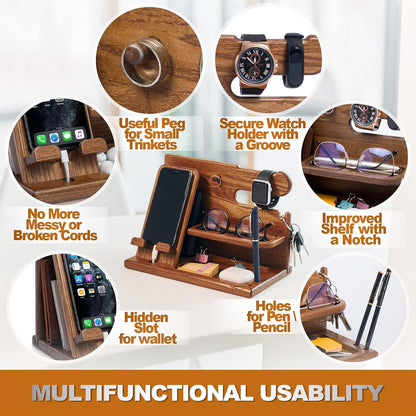 TESLYAR Wood Phone Docking Station – Solid Wood Desk & Nightstand Organizer for Men – Key Holder, Wallet, Watch & Essentials Stand - PuriLite