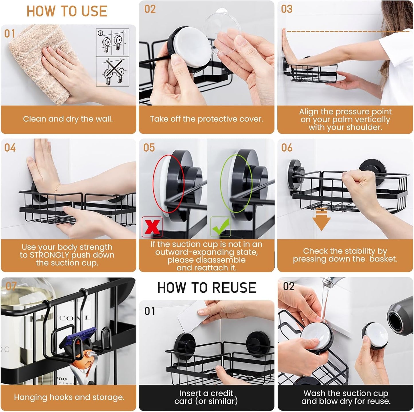 LEVERLOC Shower Caddy Suction Cup, 2 Pack Black Shower Shelf with Hooks and Soap Holder, NO-Drilling Bathroom Organizer, Rustproof Metal Bathroom Storage and Organization