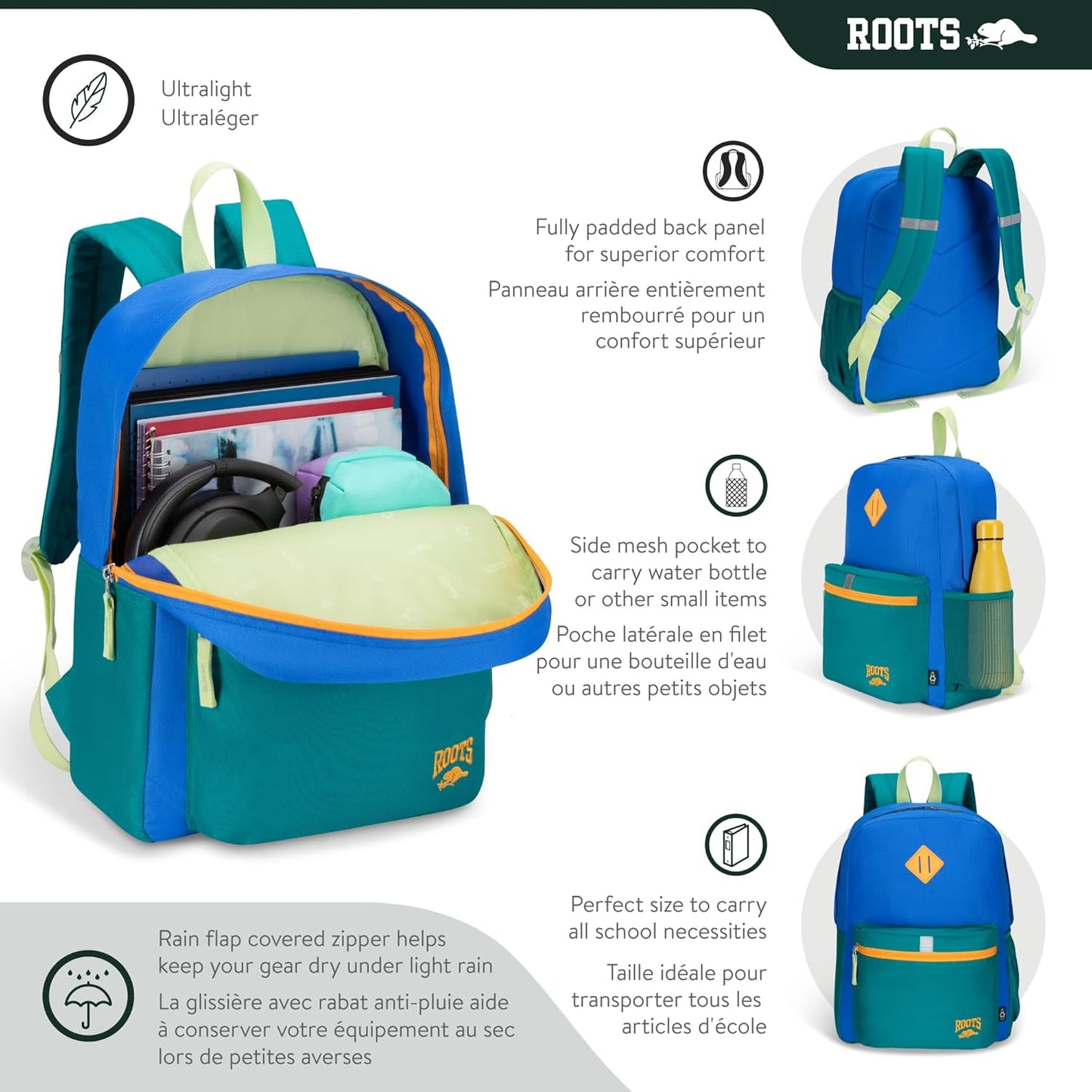 Roots Kids Lightweight Backpack — Made from 100% Recycled Fabrics with Rain Flap, Bottle Pocket, Reflective Accent, and Back Padding — 22.5 litres, Pink & Purple