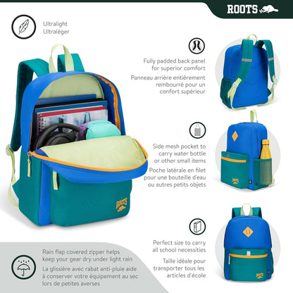 Roots Kids Lightweight Backpack — Made from 100% Recycled Fabrics with Rain Flap, Bottle Pocket, Reflective Accent, and Back Padding — 22.5 litres, Pink & Purple