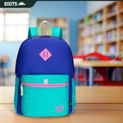 Roots Kids Lightweight Backpack — Made from 100% Recycled Fabrics with Rain Flap, Bottle Pocket, Reflective Accent, and Back Padding — 22.5 litres, Pink & Purple