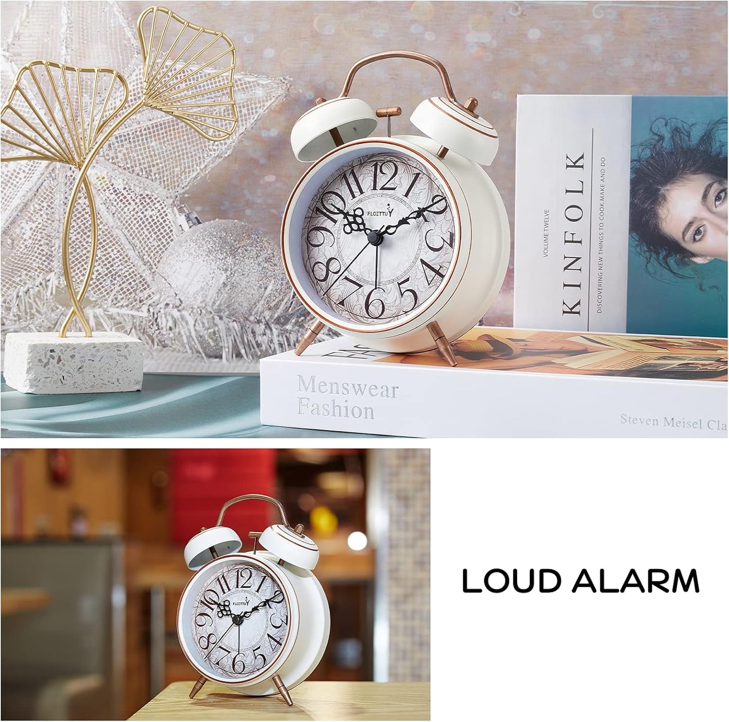 FLOITTUY Loud Alarm for Deep Sleepers 4'' Retro Twin Bell Alarm Clock with Backlight for Bedroom and Home Decoration(Retro White)