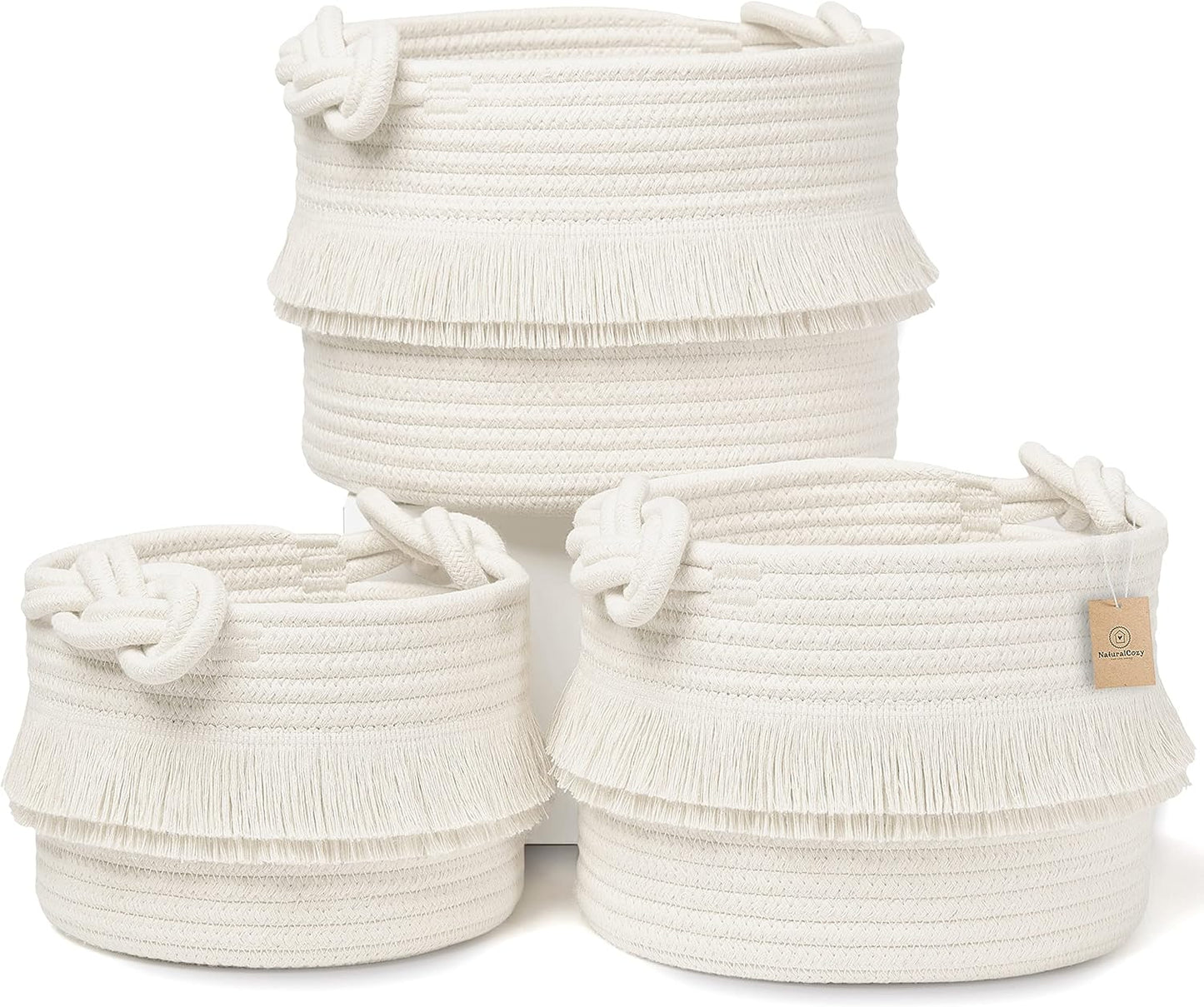 NaturalCozy 3-Piece Boho Cotton Rope Storage Basket Set – Woven Nursery Organizer, Baby Shower Gift, Decorative Planter & Toy Storage, Round Off-White Baskets for Home & Bathroom - PuriLite