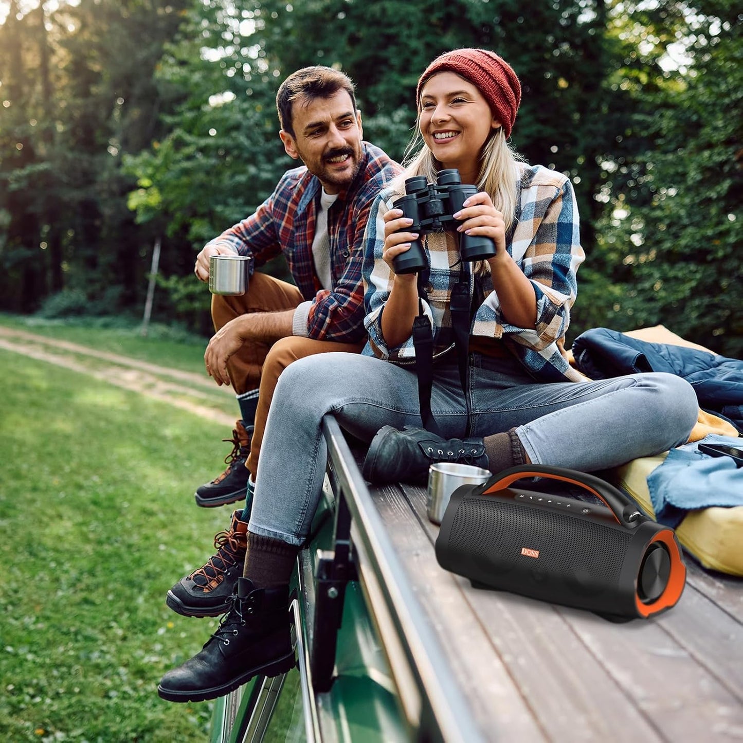 DOSS Extreme Boom Pro Bluetooth Speaker with 100W Stereo Sound, Rich Bass, 20H Playtime, Mixed Color Light, IPX6 Waterproof Haut parleur for Camping, Beach, Outdoor-Orange