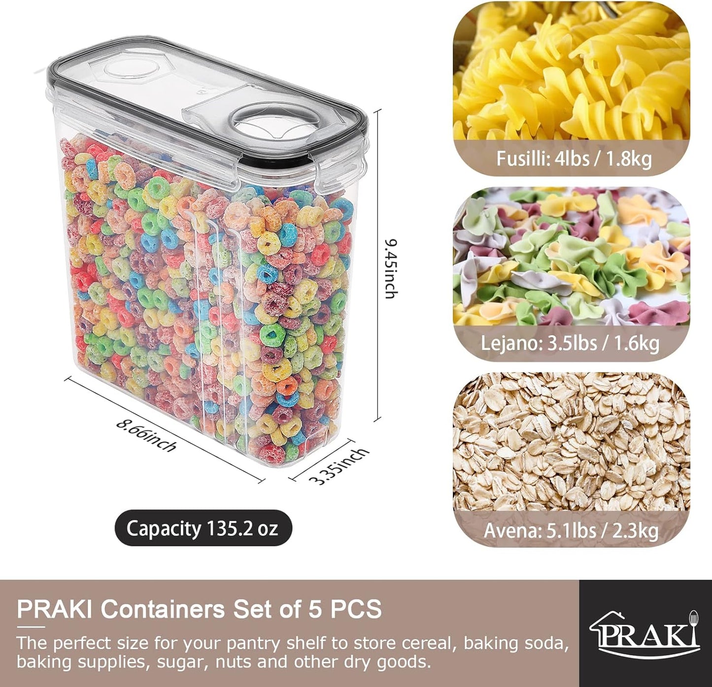 PRAKI 5PCS Cereal Containers Storage Set, BPA-Free Airtight Food Storage Container Set with Lids, Kitchen Pantry Organization & Storage, Perfect for Sugar, Baking Supplies - 20 Lables & Mark(4L Black)