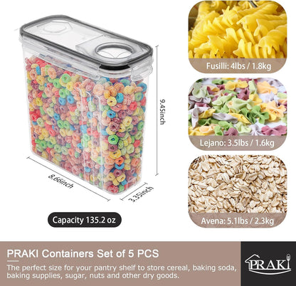 PRAKI 5PCS Cereal Containers Storage Set, BPA-Free Airtight Food Storage Container Set with Lids, Kitchen Pantry Organization & Storage, Perfect for Sugar, Baking Supplies - 20 Lables & Mark(4L Black)