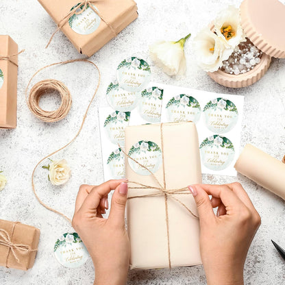 Mobiusea Creation White Floral Thank You for Celebrating with us Stickers | 2 inch | Gold Foil | 60pcs Waterproof Thank You Stickers Wedding Labels for Wedding, Bridal Shower, Baby Shower