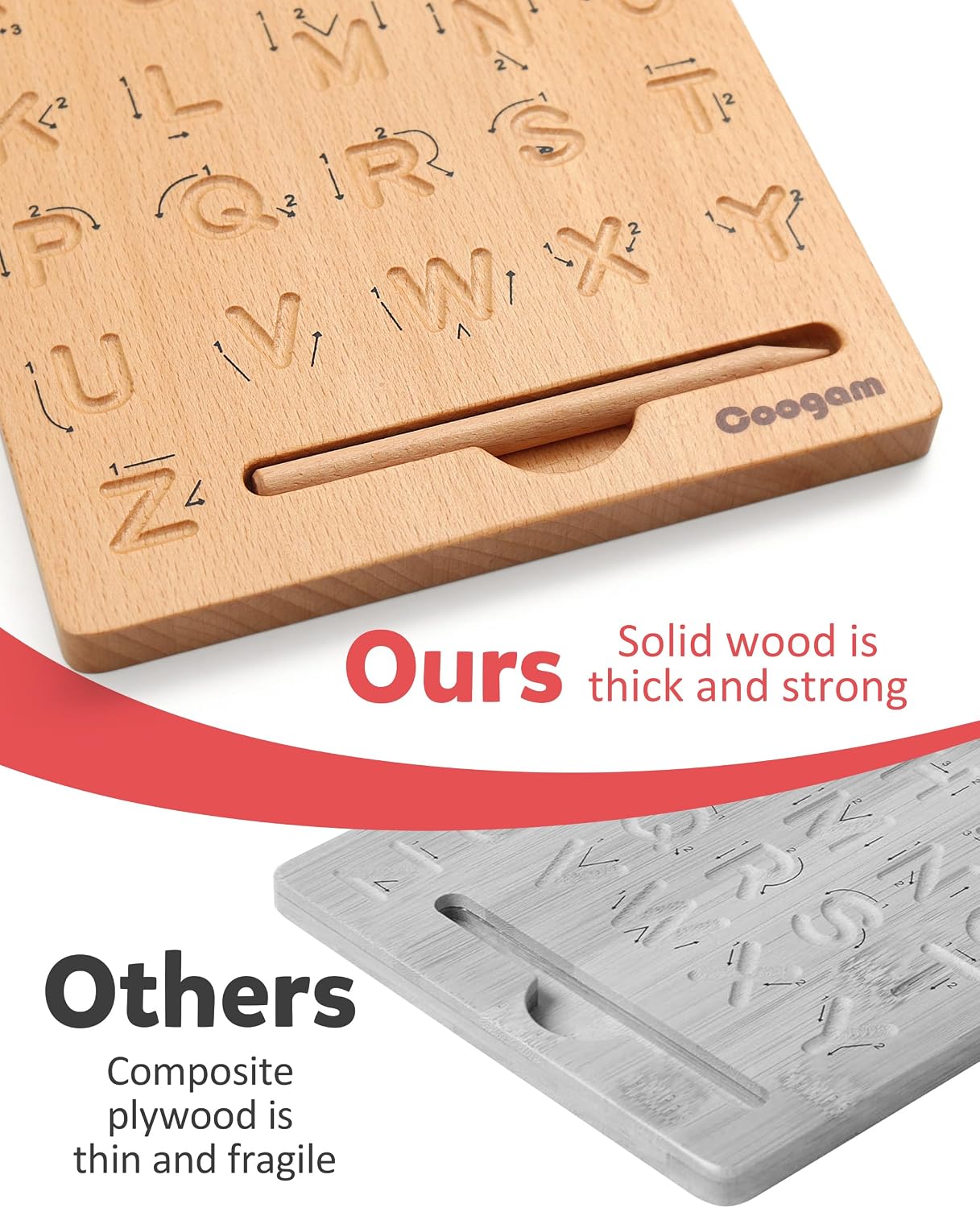 Coogam Wooden Letters Practicing Board, Double-Sided Alphabet Tracing Tool | Learning to Write ABC Educational Toy Game Fine Motor Montessori Gift for Preschool 3 4 5 Years Old Kids
