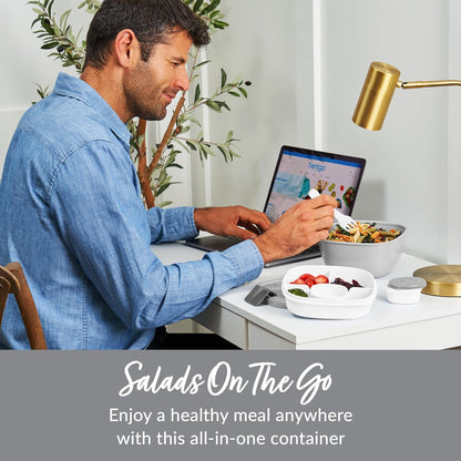 Bentgo Salad - Stackable Lunch Container with Large 54-oz Salad Bowl, 4-Compartment Bento-Style Tray for Toppings, 3-oz Sauce Container for Dressings, Built-in Reusable Fork & BPA-Free (Khaki Green)
