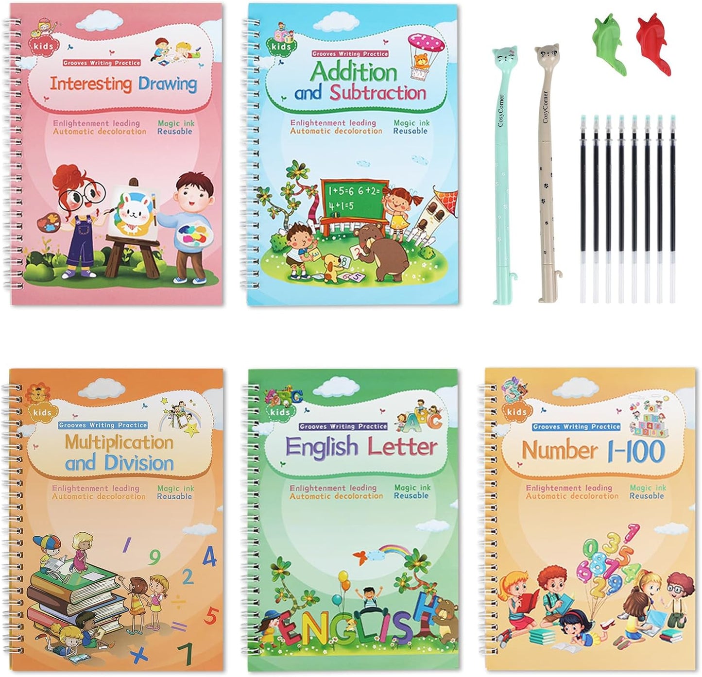CosyCorner Magical Handwriting Workbooks Handwriting Practice Magic Copybook, Handwriting Aid Magic Pen Reusable Copybook Grooves Template Design for Children(4 Books, 10.2×7.2 in)