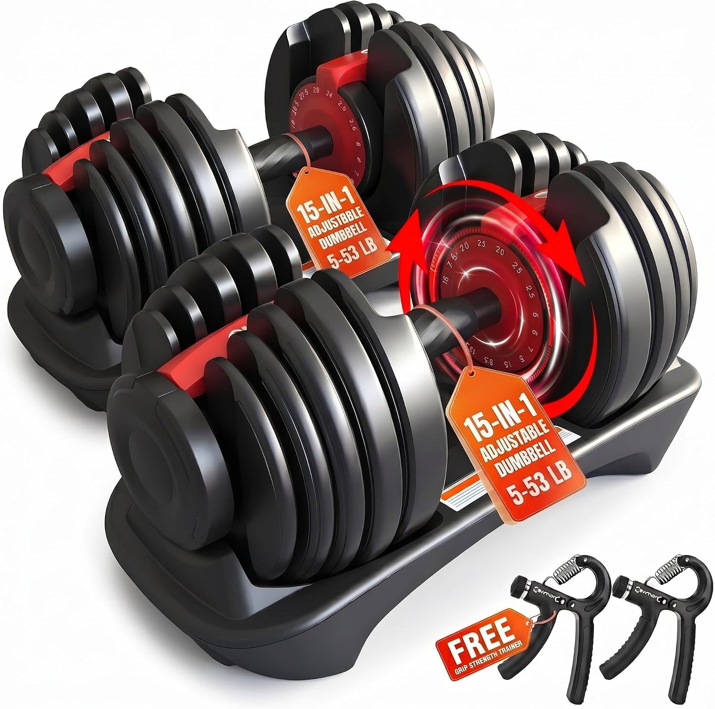 HAKENO 15 in 1 Adjustable Dumbbell 52.5lb with Fast Automatic Adjustable and Weight Plate for Body Workout Home Gym 52.5LB/24KG