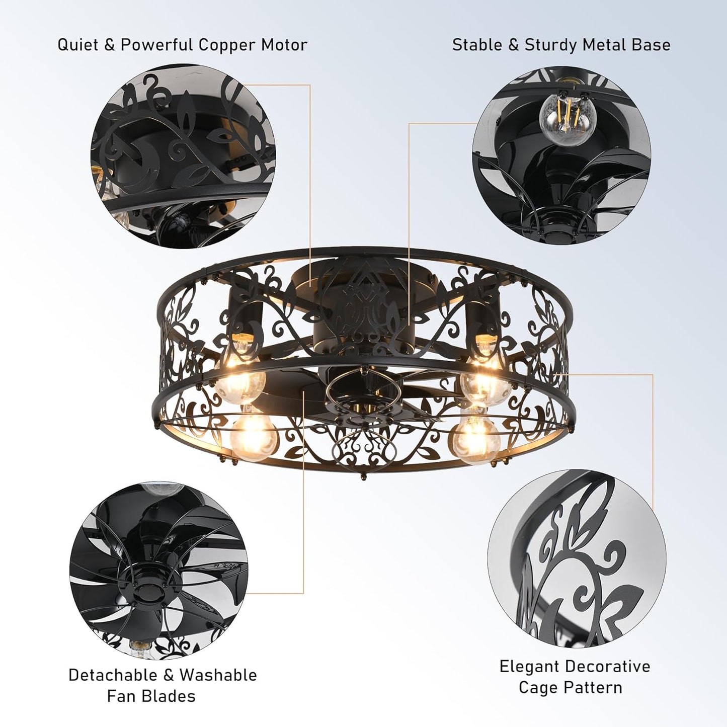 Garwarm Caged Low Profile Ceiling Fan with Lights and Remote, 20in Rustic Flush Mount Small Farmhouse Bladeless Ceiling Fan for Bedroom, Kitchen, Dining Room