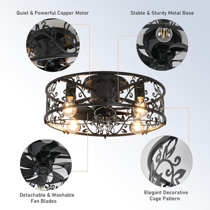Garwarm Caged Low Profile Ceiling Fan with Lights and Remote, 20in Rustic Flush Mount Small Farmhouse Bladeless Ceiling Fan for Bedroom, Kitchen, Dining Room