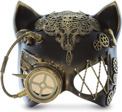 Attitude Studio Steampunk Cat Ears Half Mask Robot Monocles Costume - Gold