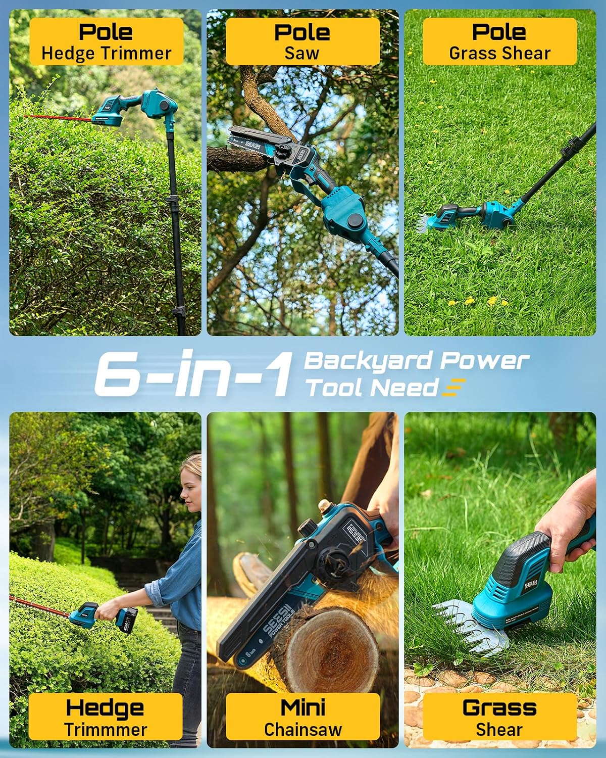 SEESII 6-in-1 Cordless Mini Chainsaw Pole Saw & Hedge Trimmer Combo Kit