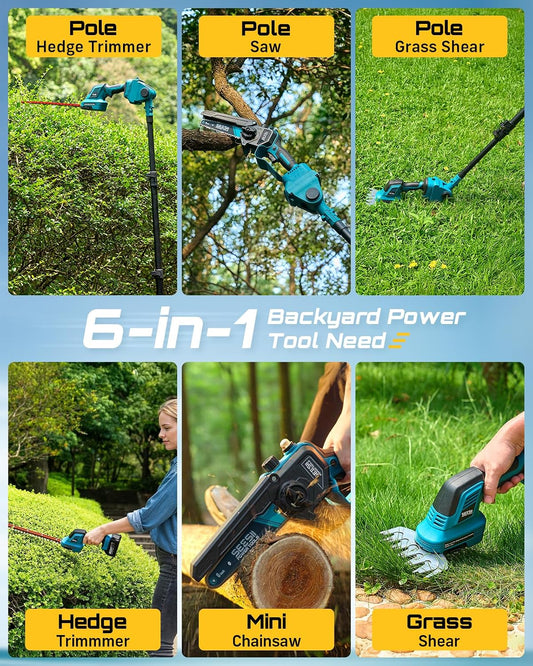 SEESII 6-in-1 Cordless Mini Chainsaw Pole Saw & Hedge Trimmer Combo Kit