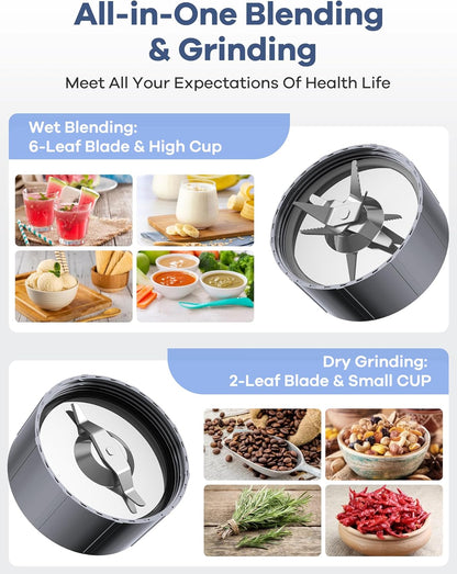 Smoothie Blender, Ganiza Blenders for Smoothies with 15-Piece Blender and Grinder Combo, 4 BPA-Free Personal Blender Cup, for Shakes, Protein Drinks, Fruit Vegetable Drink, Nuts, Spices, Coffee Beans