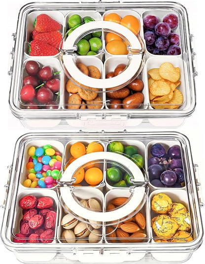 KIGITIONE Snackle Box, Pink 8 Compartments Portable Serving Tray, Divided Snackle Box Container with Lid and Handle, Snack Organizer for Fruits, Snacks, Nuts, Candy, Ideal for Party, Travel & Picnics