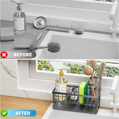 Cisily Kitchen Sink Caddy Organzier with High Brush Holder, Sponge Holder for Sink, 304 Rustproof Stainless, Kitchen Countertop Soap Dispenser Organizer, Kitchen Decor and Accessories (Black)