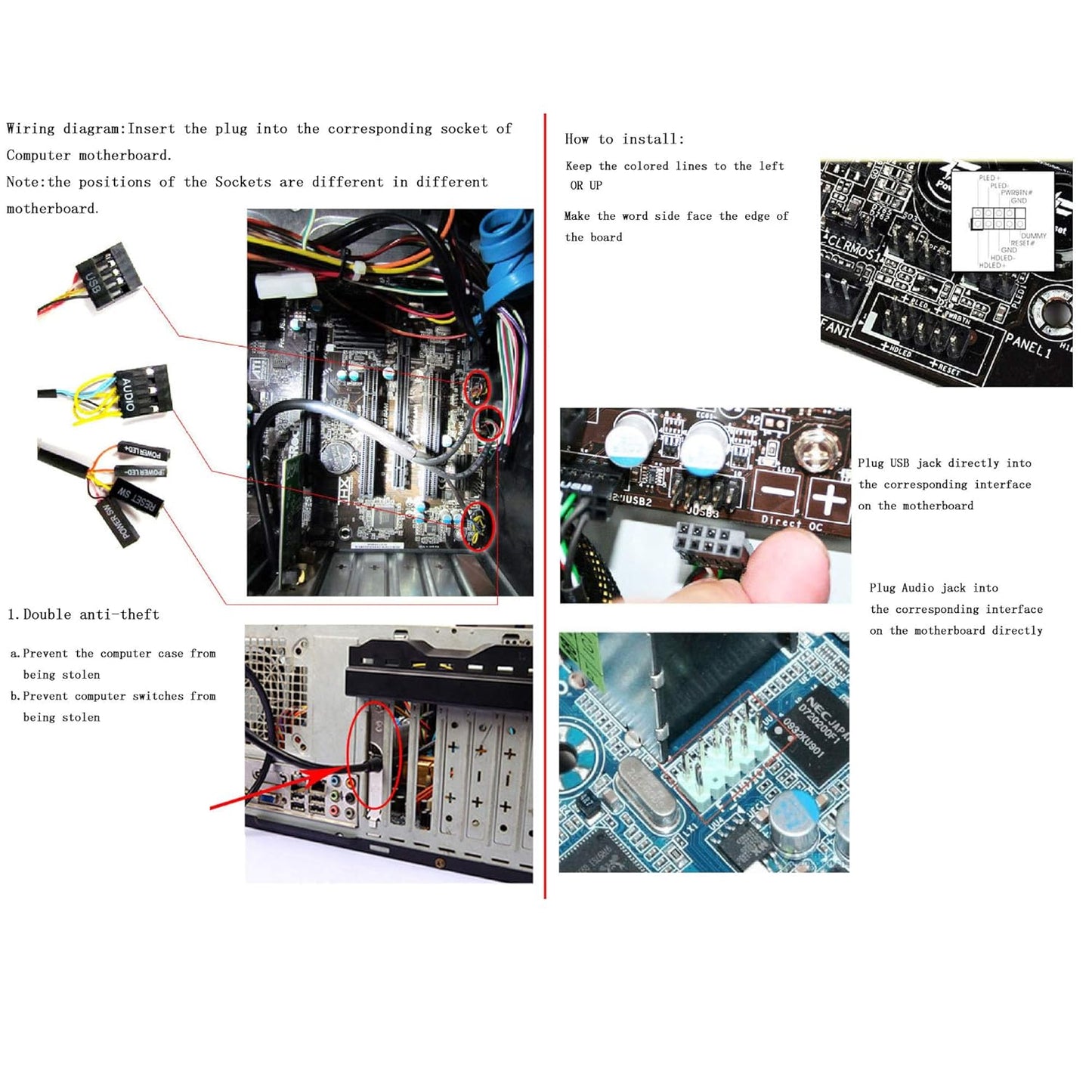 PC Power Button, Desktop Computer Case Switch,Reset HDD Button Switch with Dual USB Ports, Audio Ports for Desktop Case