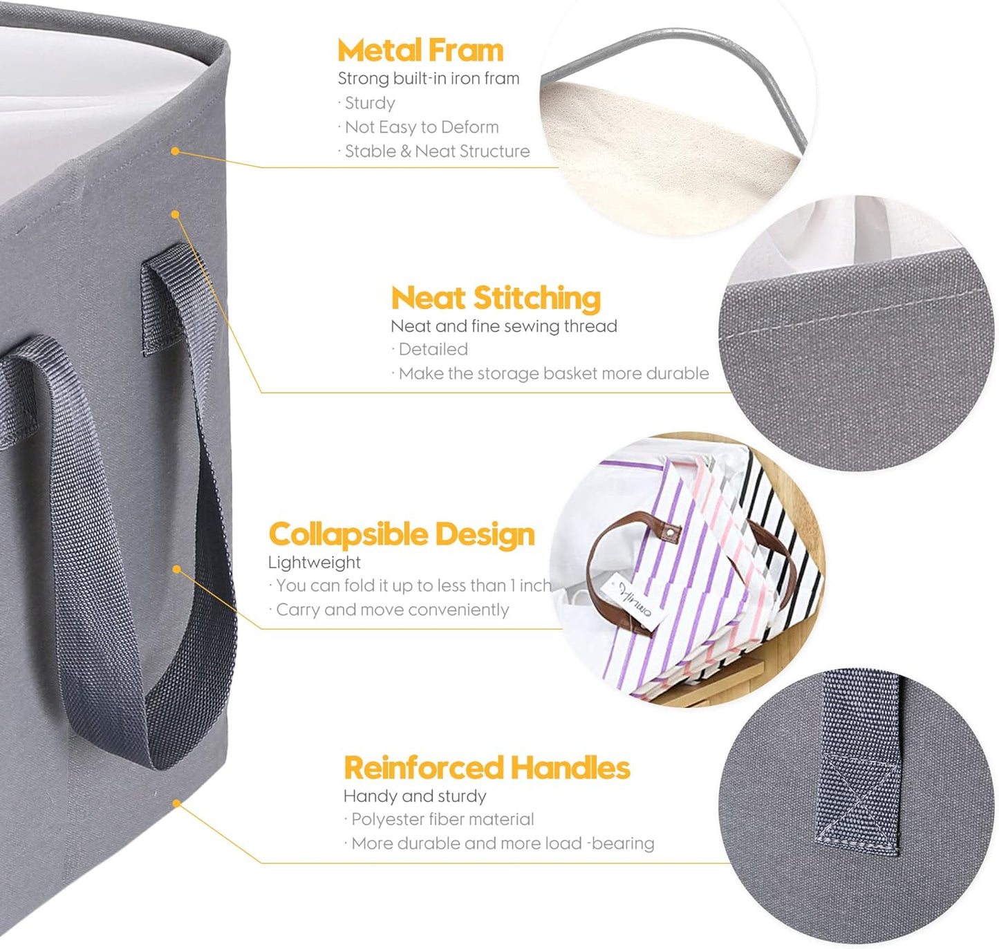 Hinwo 6-Pack Small Canvas Fabric Storage Baskets Set with Handles, Open Storage Bins, Cube Storage Organizer, Shelf Organizer Bins for Closet, 7.9L, 12 x 8 x 5 Inches, Grey Stripe