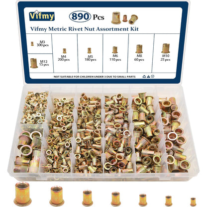 Vifmy Metric & SAE Rivet Nut Assortment Kit(420 Pcs),m3 m4 m5 m6 m8 m10 m12#6-32#8-32#10-24 1/4"-20 5/16"-18 3/8"-16 UNC Flat Head Rivnut Set,Zinc Plated Finish Carbon Steel Nutsert