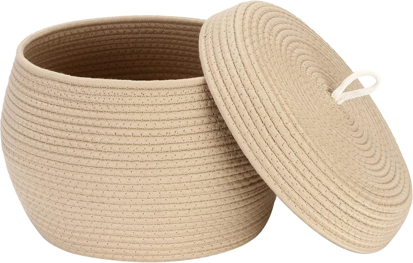 Sea Team Round Cotton Rope Storage Basket with Lid, Decorative Woven Storage Bin, Pot, Caddy, Organizer, Container for Snacks, Towels, Plants (Grey, Small)