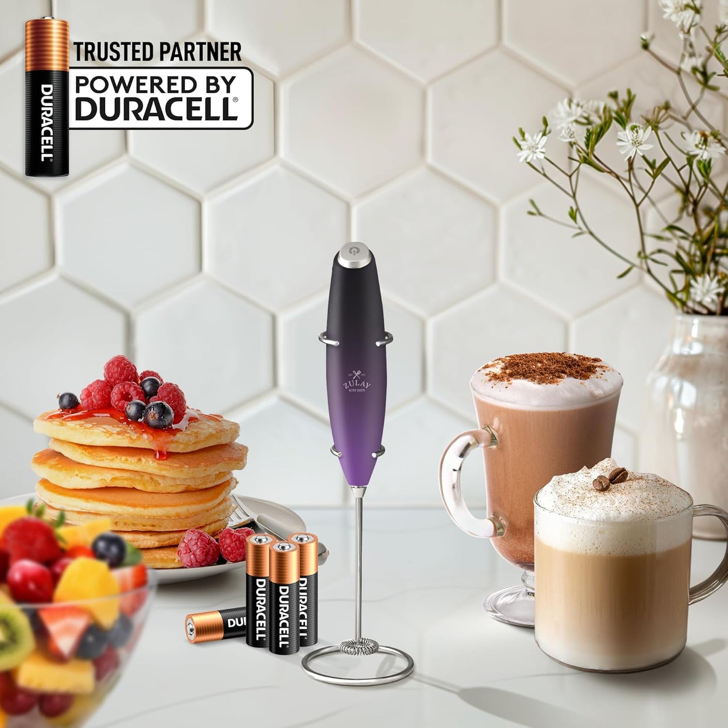 Zulay Kitchen Powerful Double Whisk Milk Frother Handheld - Foam Maker with Stand - Whisk Drink Mixer for Coffee, Mini Foamer for Latte, Matcha, Frappe, Hot Chocolate & Cappuccino (Black)