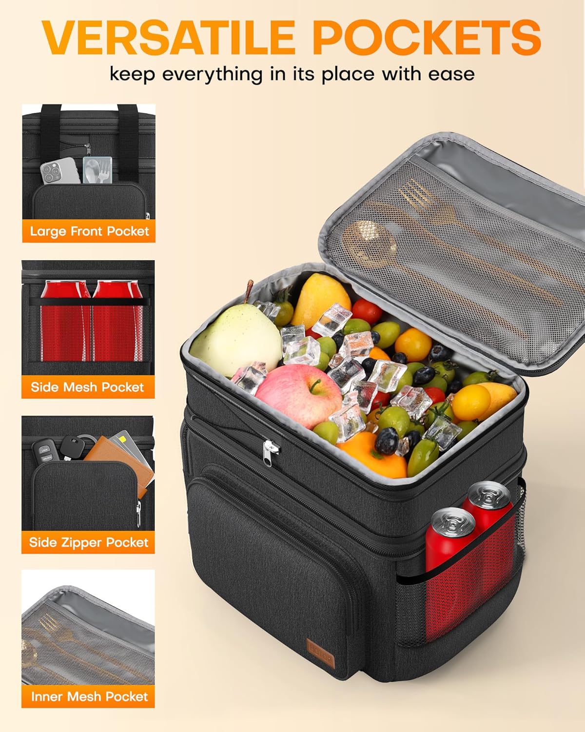 HOTOR Lunch Box for Men and Women - Leak-Proof Insulated Lunch Bag with Adjustable Shoulder Strap, Cooler Lunch Bag for Office, Picnic, Hiking, Beach, 1 Layer, Black, 11.0" x 7.1" x 8.3"