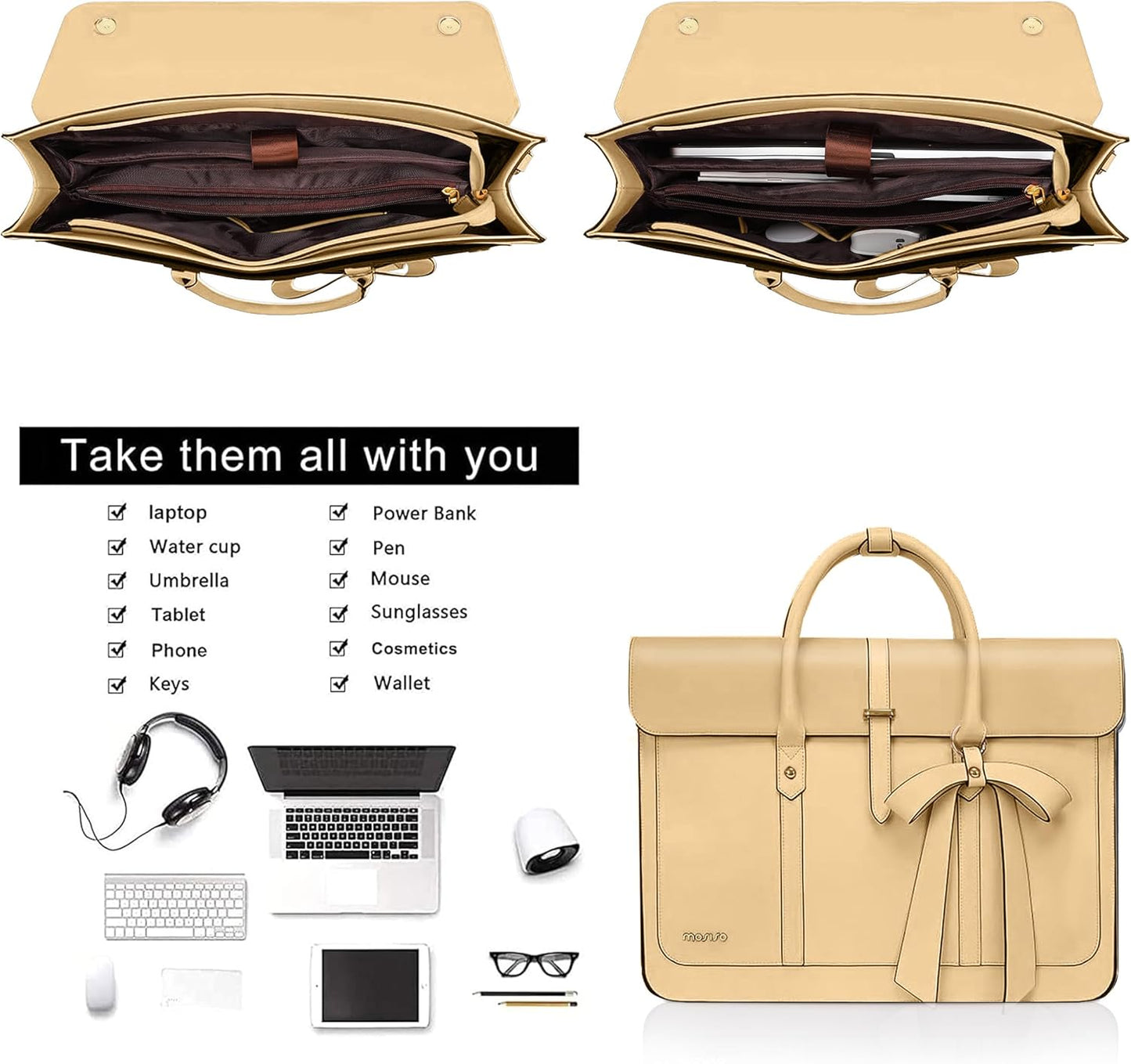 MOSISO Laptop Bag for Women, PU Leather Laptop Shoulder Bag Convertible Backpack, Work Travel Computer Bag with Bowknot - PuriLite