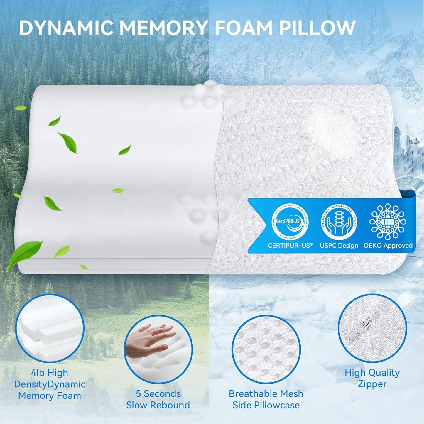 Sandwich Cervical Neck Pillow Queen Size, Memory Foam Pillow for Sleeping, Adjustable Contour Ergonomic Orthopedic Cooling Pillow for Side, Back & Stomach Sleepers（Soft）