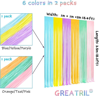 GREATRIL Iridescent Party Tinsel Fringe Backdrop Decorations - Holographic Foil Streamers Curtain for Mermaid/Under The Sea/Frozen/Ocean/Disco/Birthday Themed 3.2ft x 6.5ft - 2 PCS