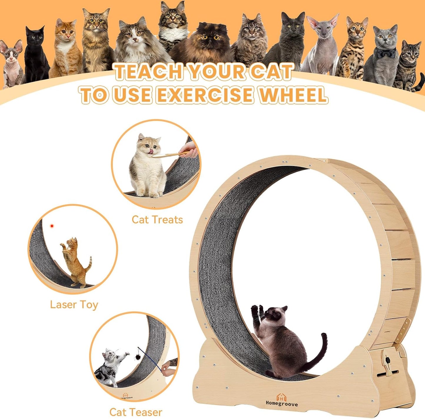 Homegroove Cat Wheel Treadmill, 46" XL Large Cat Exercise Running Wheel with Carpeted Runway, Fitness Weight Loss Device for Kitty’s Longer Life, Natural Wood Color(XL) |
