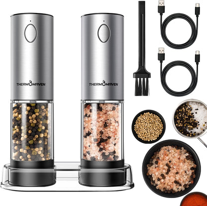 ThermoMaven Electric Salt and Pepper Grinder Set, 110ml Larger Rechargeable Automatic Salt and Pepper Mill Grinder with 6 Adjustable Coarseness, Electric Salt and Pepper Shakers, LED, 2 Packs, Silver