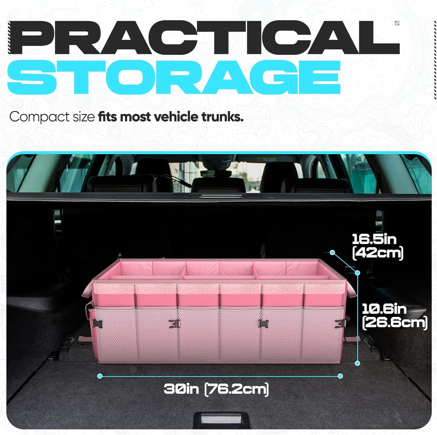 FORTEM Car Trunk Organizer, Collapsible Multi Compartment Car Organizer, Foldable SUV Storage for Car Accessories for Women Men, Non Slip Bottom, Securing Straps, Soft Cover 50L (Black, Standard)