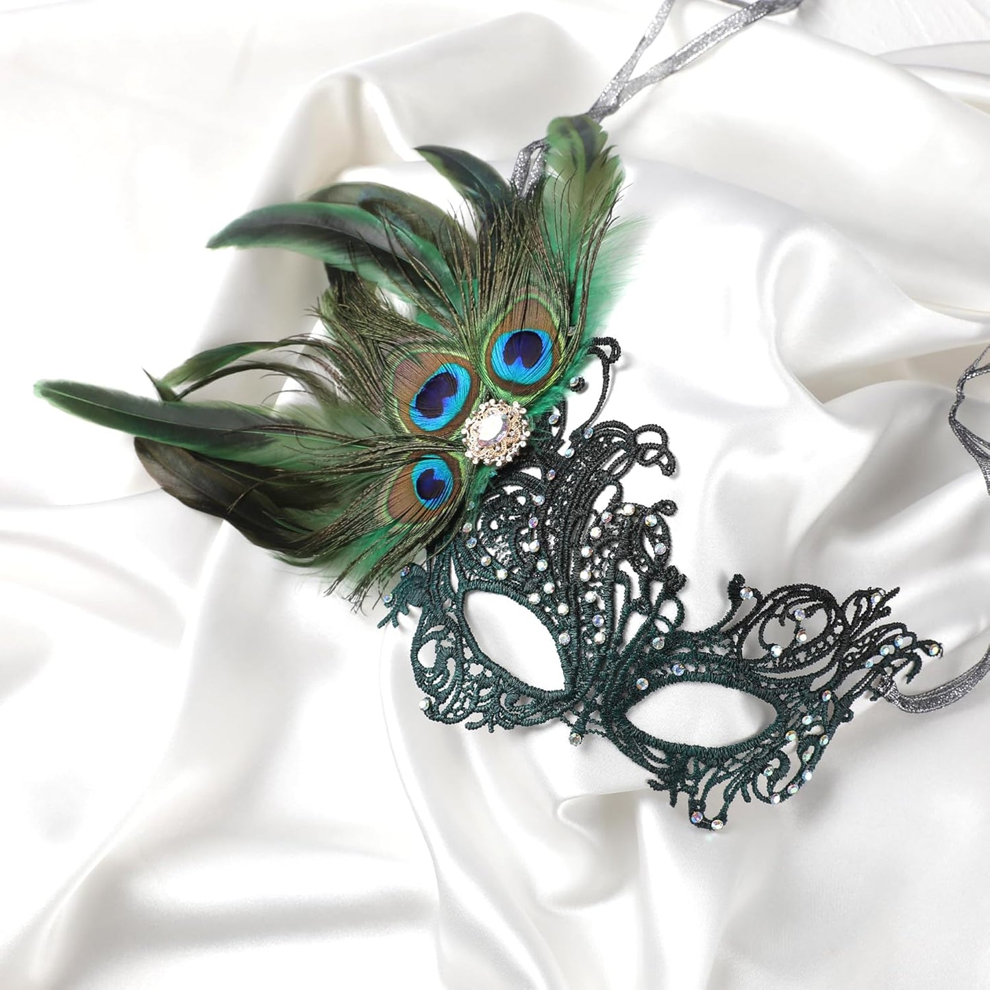 Zinniday Lace Masquerade Masks for Women - 1920s Peacock Feather Venetian Mask for Halloween Couples Mardi Gras Ball
