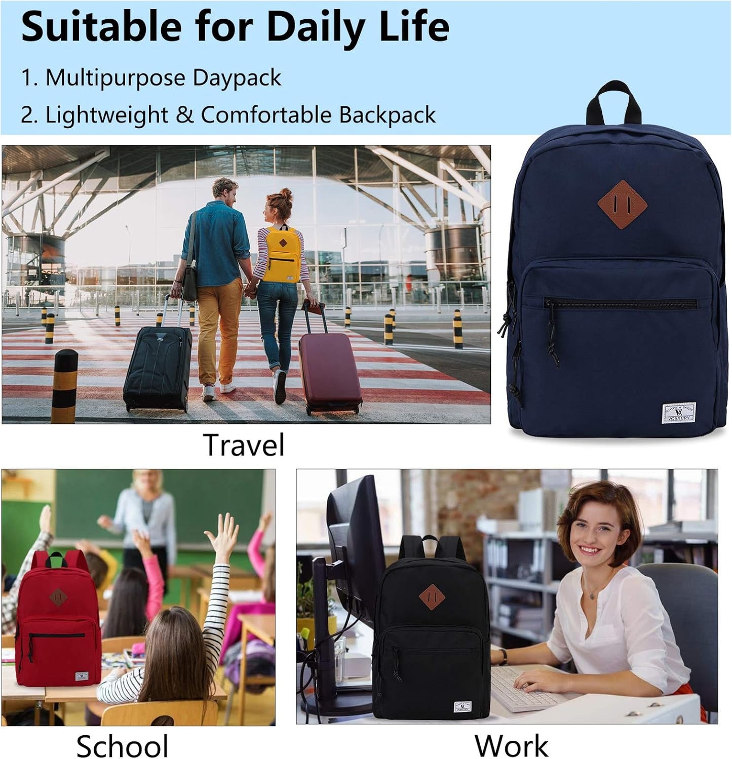 School Backpack for Kids,Lightweight Water Resistant Work Travel Backpack for Women Men Teens VONXURY