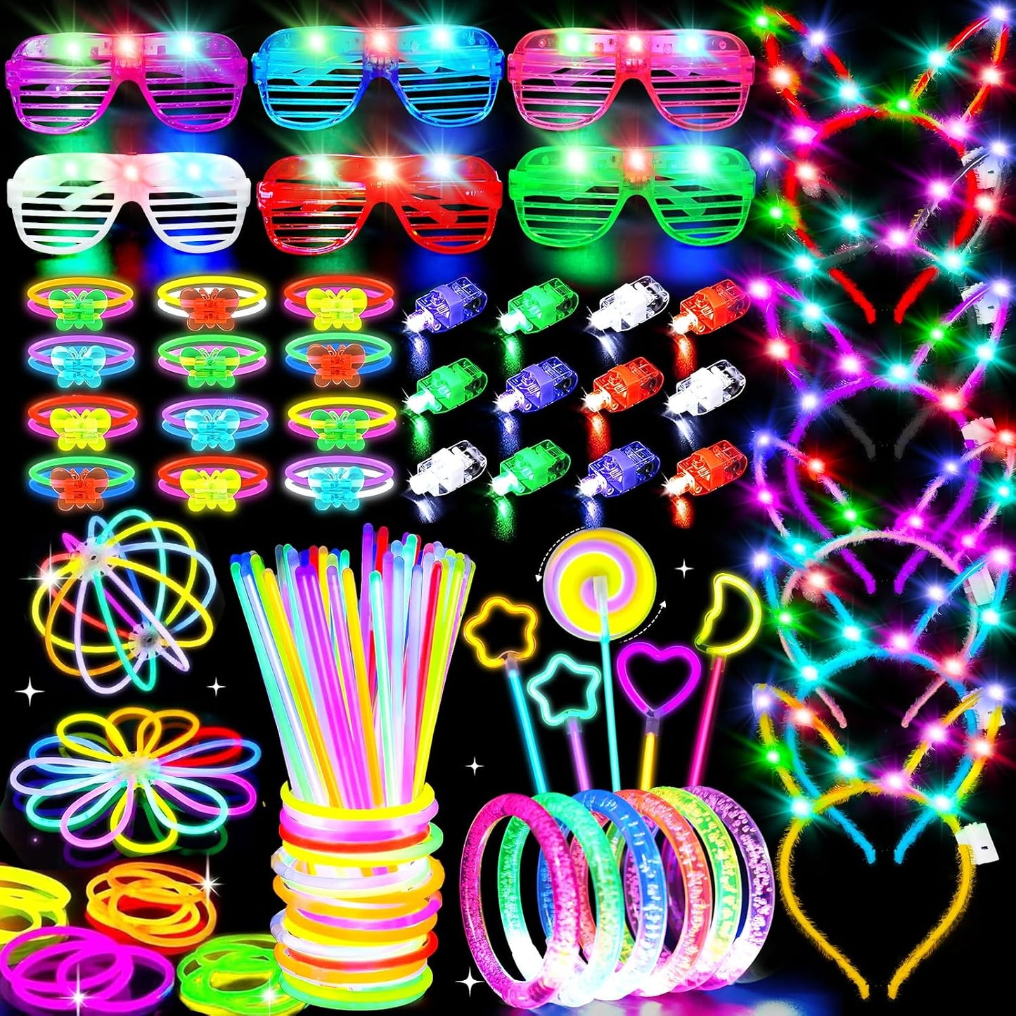 156Pcs Glow In The Dark Party Supplies for Kids/Adults, Light Up Accessories LED Bracelet Necklaces Glasses Headband Glow Sticks Bulk Party Pack Neon Disco Birthday Pool Summer Party Decorations
