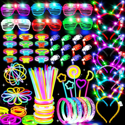 156Pcs Glow In The Dark Party Supplies for Kids/Adults, Light Up Accessories LED Bracelet Necklaces Glasses Headband Glow Sticks Bulk Party Pack Neon Disco Birthday Pool Summer Party Decorations