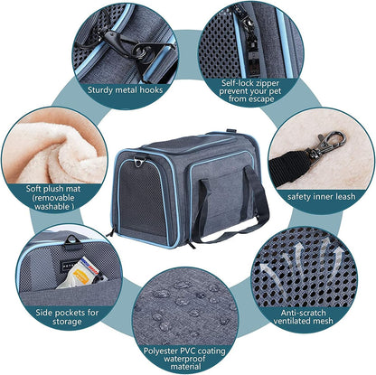 Petsfit Expandable Cat Dog Carrier Airline Approved, 17" L x 11" W x 11" H Soft-Sided Portable Pet Travel Carrier for Kitten, Puppy, Removable Soft Plush Mat and Pockets, Auto-Locking Zippers