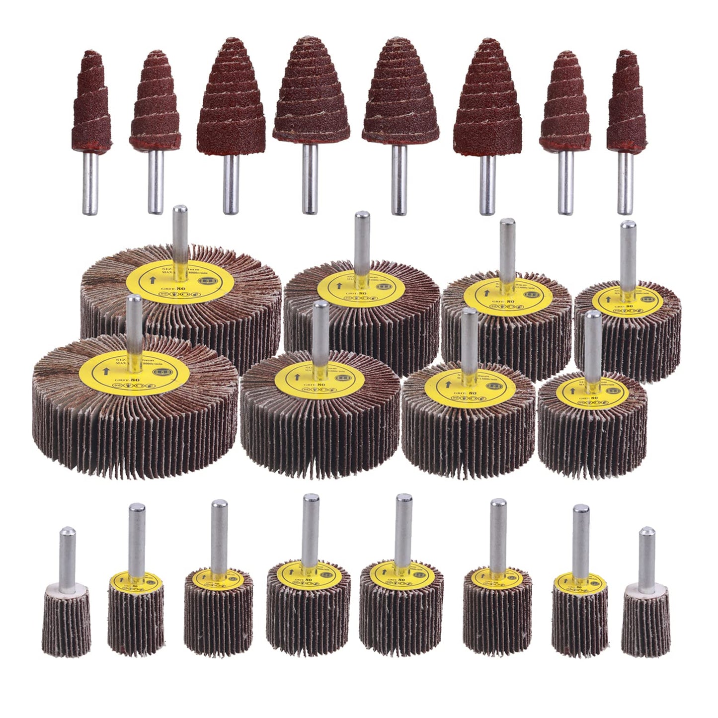 AOKLIT 24 Pcs 80 Grit 1/4inch Abrasive Flap Wheel Sander Set,Aluminum Oxide Flap Wheels Cylindrical Cone Shape Sanding Wheel for Remove Rust and Weld Burr