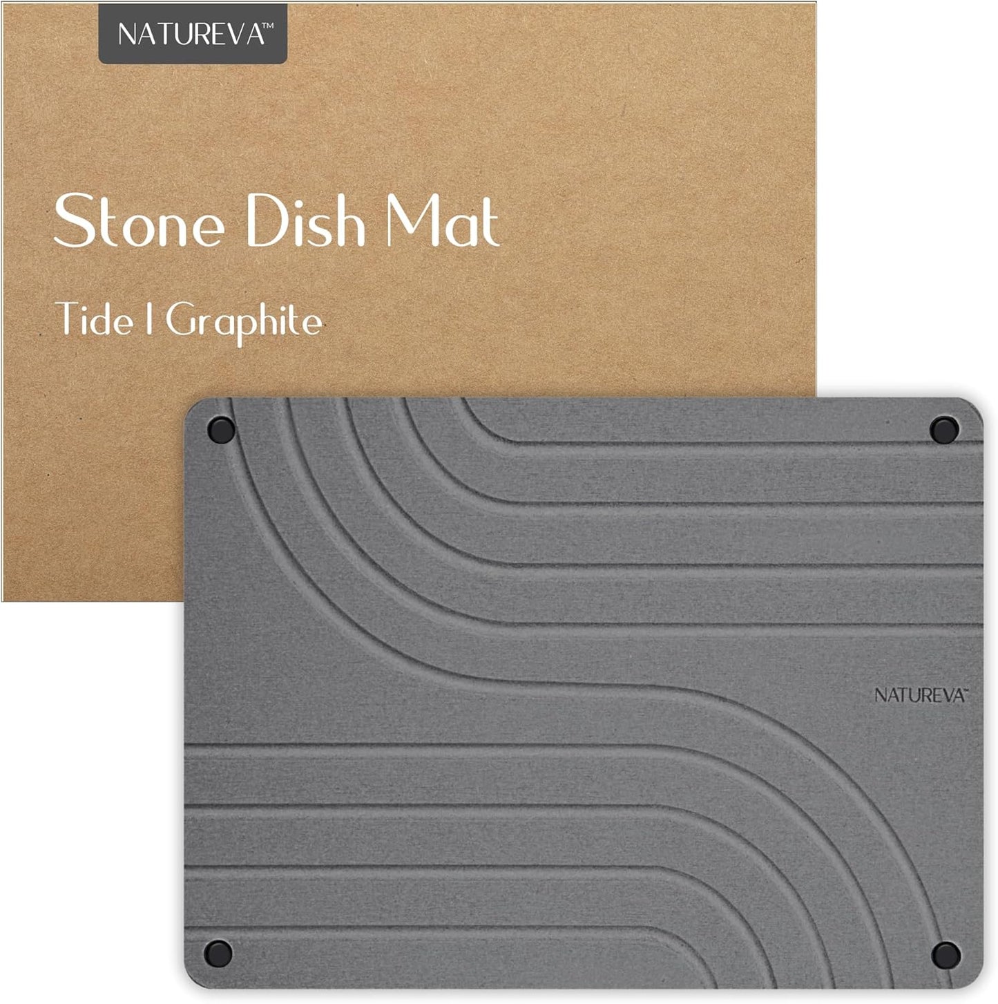 Natureva Home - Stone Dish Drying Mat | Super Absorbent, Quick Dry | Diatomite Mats for Kitchen Counter | Made of Natural Diatomaceous Earth | Absorbing Water Instantly | Design Tide | Colour Graphite
